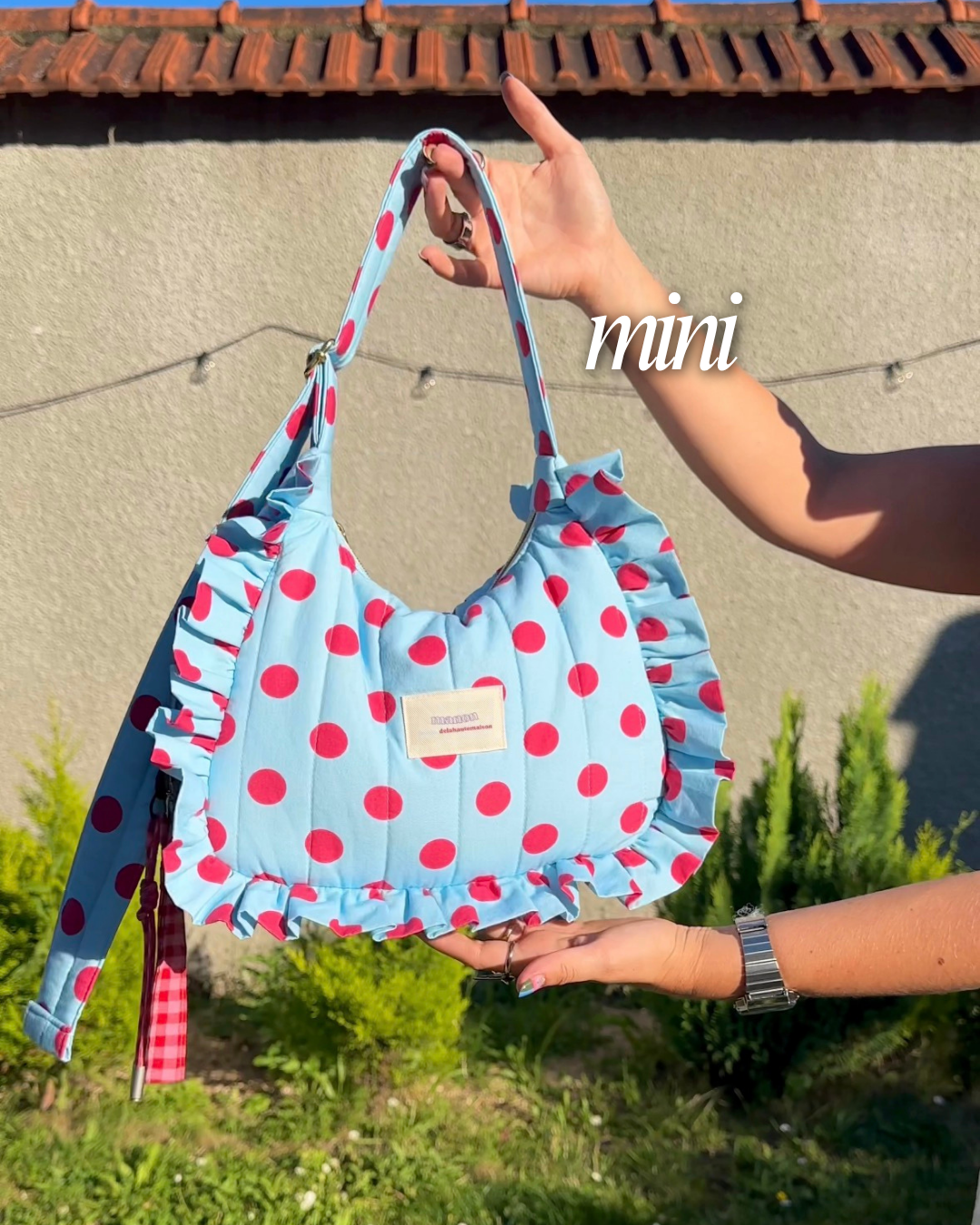 Pré-commande SAC CHOUQUETTE - Bleu clair à pois rose framboise - Fait main à Reims (France)