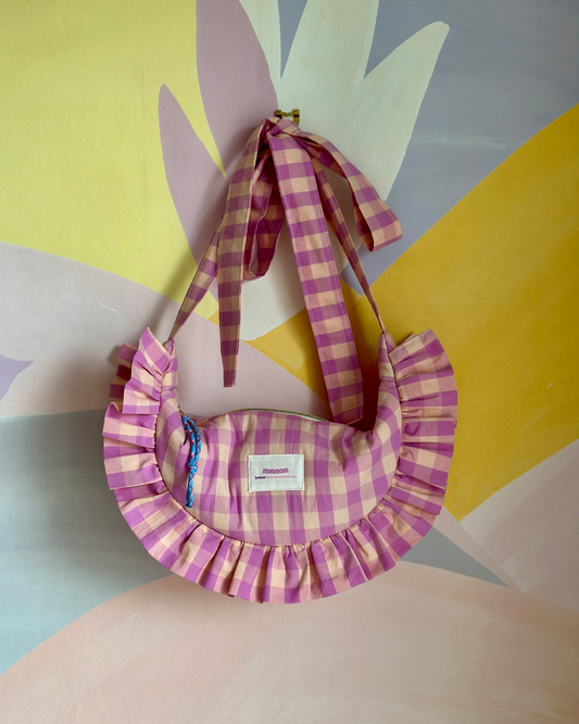 SAC CROISSANT Taille Moyenne et Large - Vichy rose clair/violet pastel - Fait main à Reims (France)