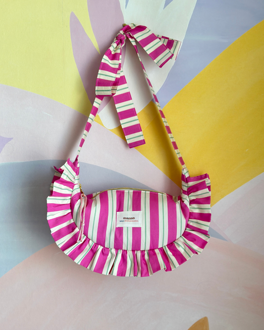SAC CROISSANT Taille Moyenne et Large - Rayures Rose / Ecru / Vert sauge - Fait main à Reims (France)