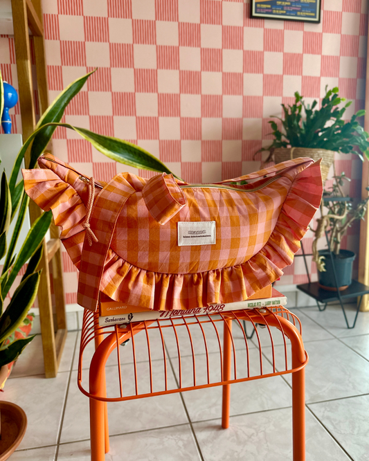 SAC CROISSANT Taille Moyenne - Vichy orange / rose - Fait main à Reims (France)