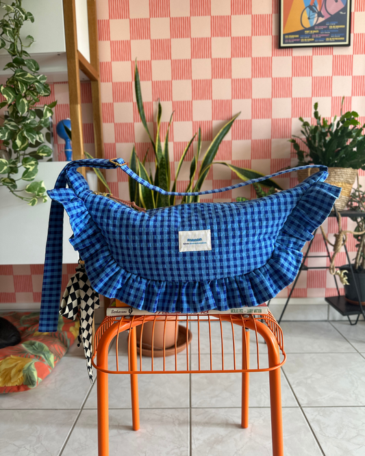 SAC CROISSANT Taille Moyenne et Large - Vichy bleu - Fait main à Reims (France)