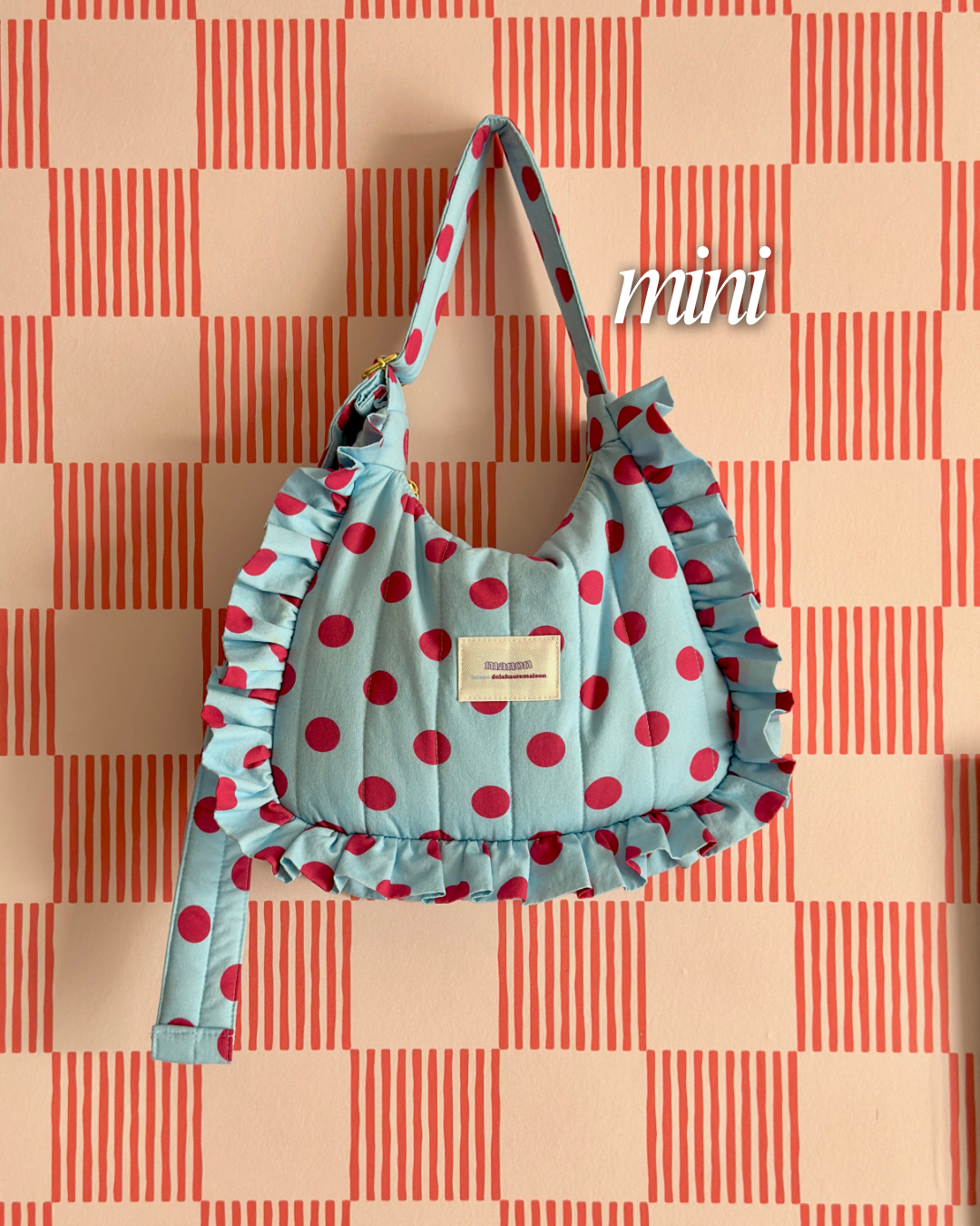 Pré-commande SAC CHOUQUETTE - Bleu clair à pois rose framboise - Fait main à Reims (France)