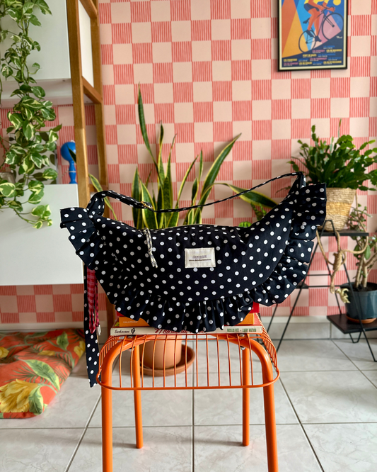 SAC CROISSANT Taille Moyenne et Large - Noir à pois blancs - Fait main à Reims (France)