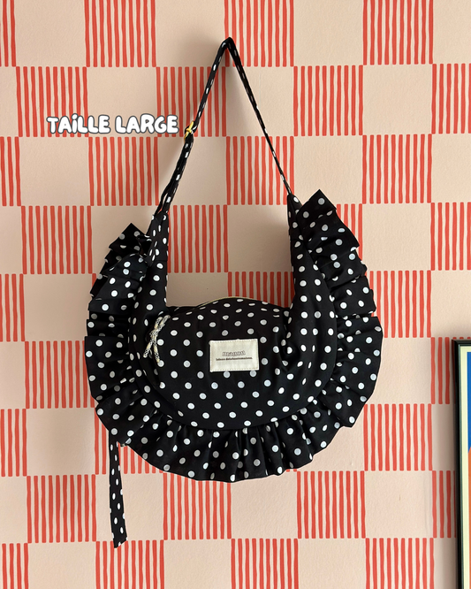 SAC CROISSANT Taille Moyenne et Large - Noir à pois blancs - Fait main à Reims (France)