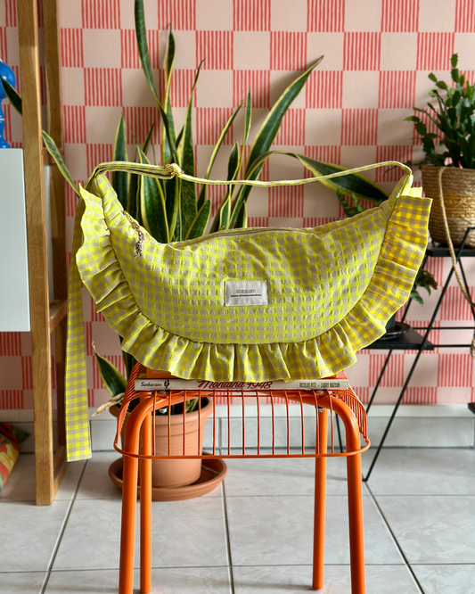 SAC CROISSANT Taille Moyenne et Large - Vichy beige et jaune fluo - Fait main à Reims (France)