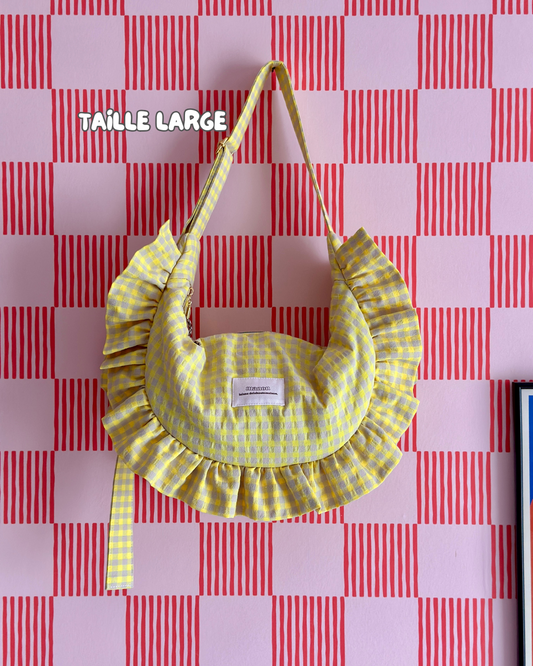 SAC CROISSANT Taille Moyenne et Large - Vichy beige et jaune fluo - Fait main à Reims (France)