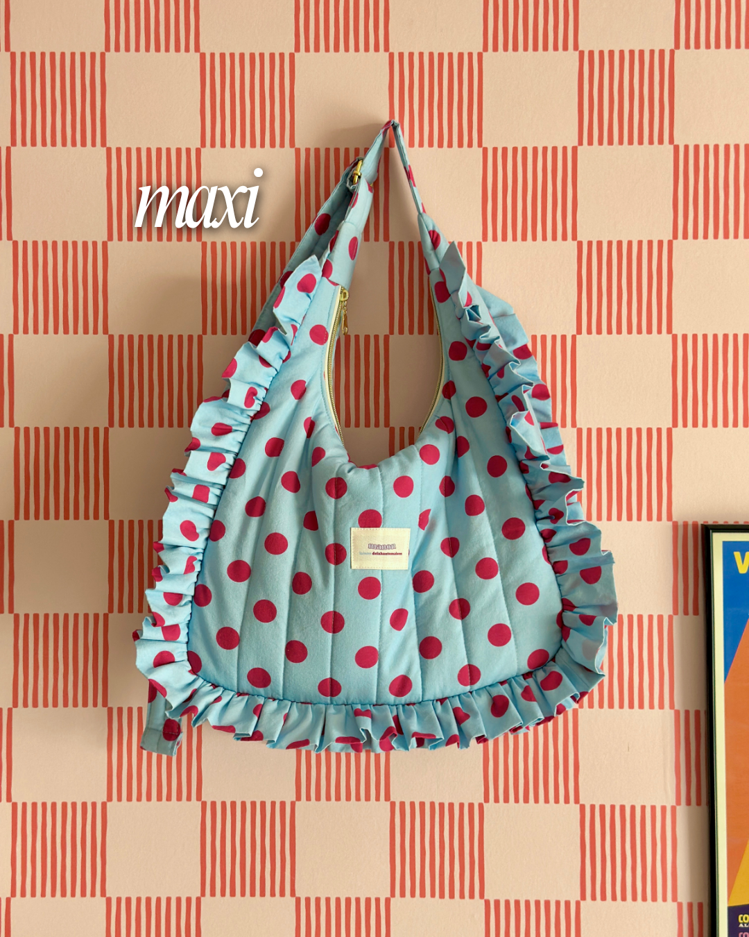 Pré-commande SAC CHOUQUETTE - Bleu clair à pois rose framboise - Fait main à Reims (France)