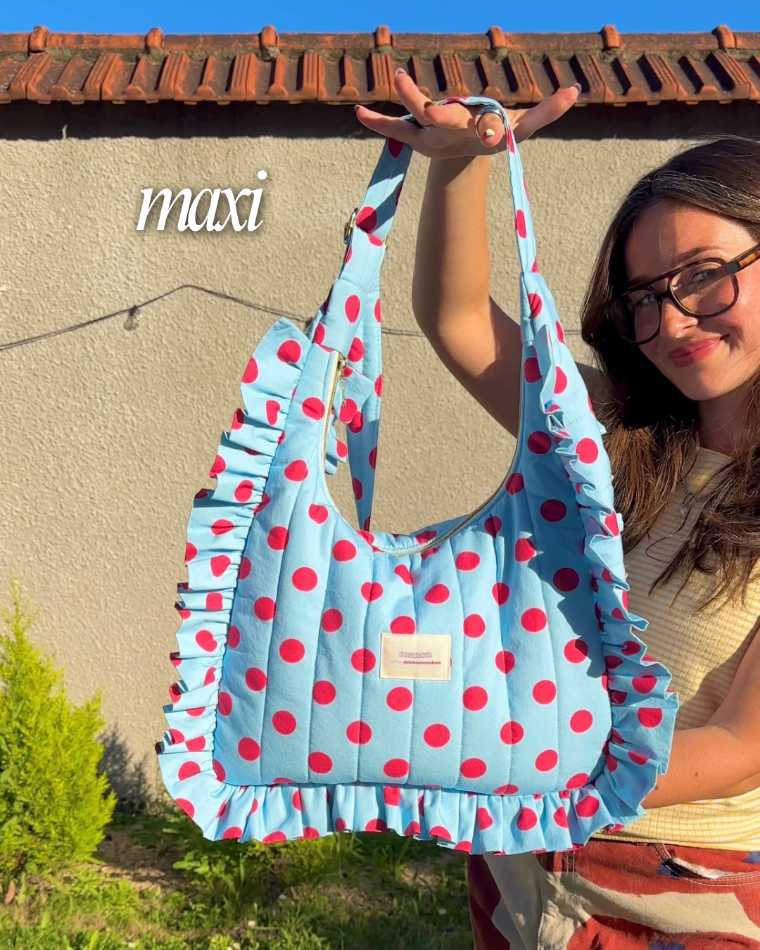 Pré-commande SAC CHOUQUETTE - Bleu clair à pois rose framboise - Fait main à Reims (France)