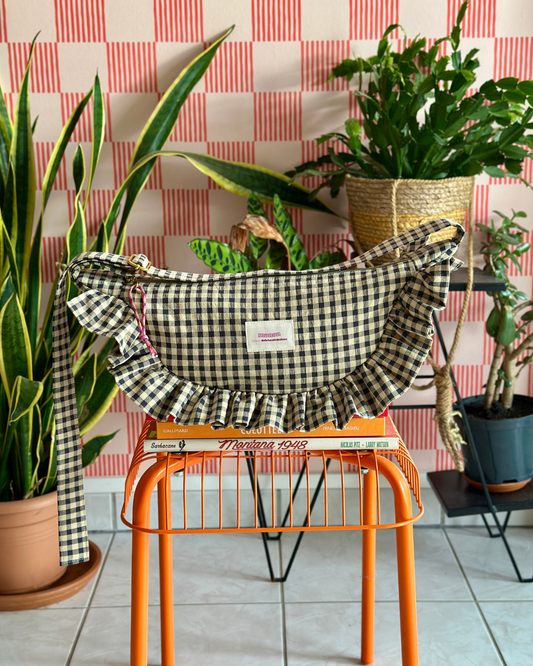 Pré-commande SAC CROISSANT Taille Moyenne et Large - Vichy beige/noir - Fait main à Reims (France)