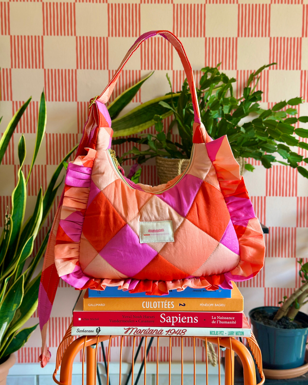 Pré-commande SAC CHOUQUETTE - Losanges Rose / Corail / Pêche - Fait main à Reims (France)