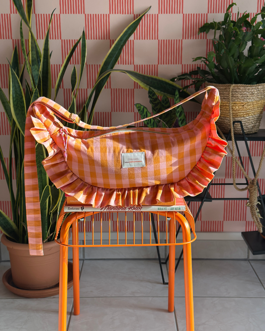 Pré-commande SAC CROISSANT Taille Moyenne - Vichy orange / rose - Fait main à Reims (France)