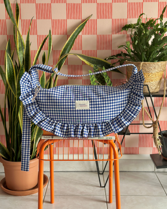 Pré-commande SAC CROISSANT Taille Moyenne et Large - Vichy petits carreaux bleu et blanc - Fait main à Reims