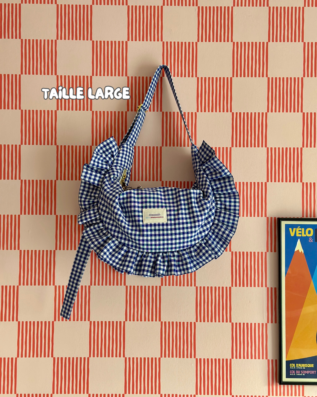 Pré-commande SAC CROISSANT Taille Moyenne et Large - Vichy petits carreaux bleu et blanc - Fait main à Reims