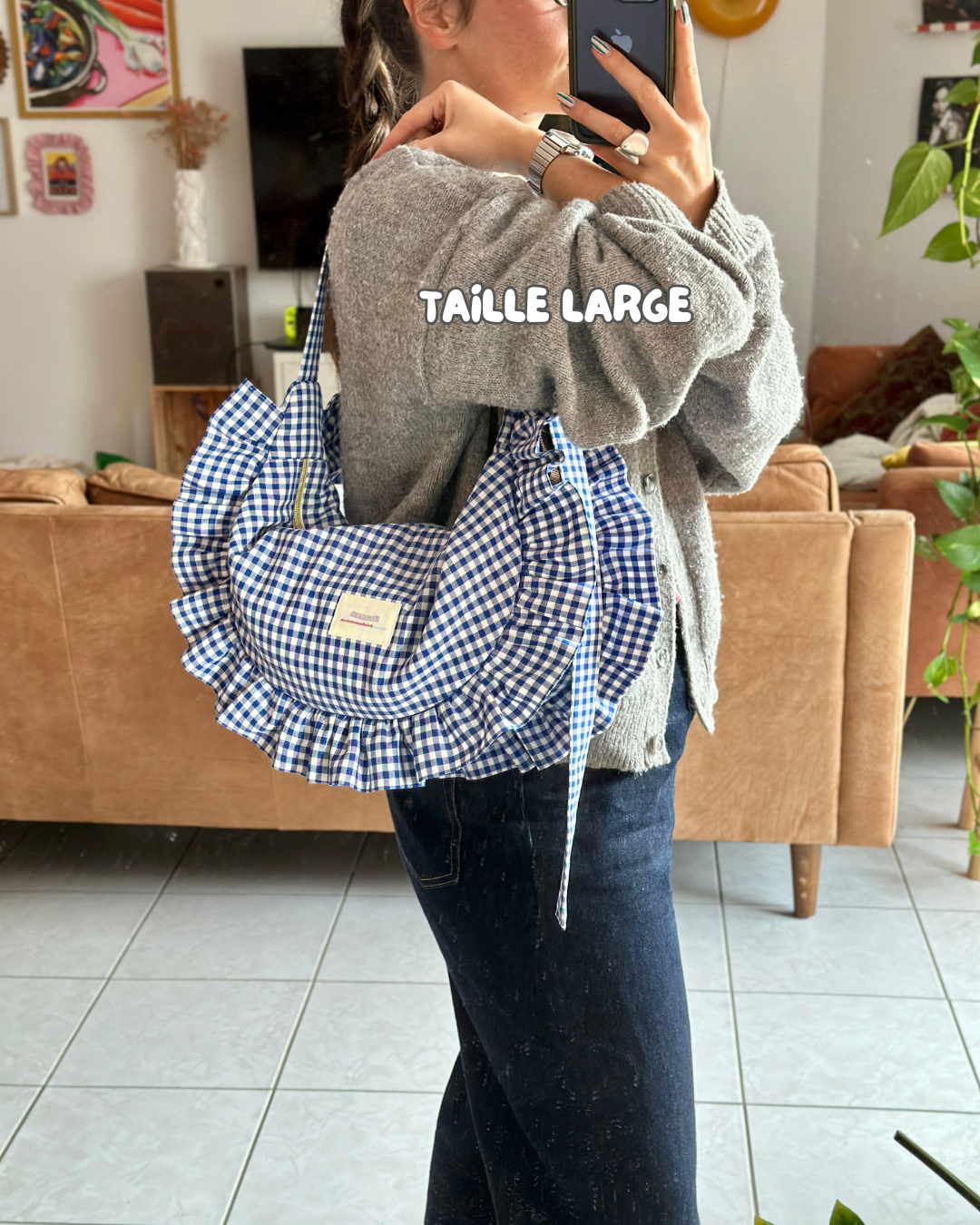 Pré-commande SAC CROISSANT Taille Moyenne et Large - Vichy petits carreaux bleu et blanc - Fait main à Reims