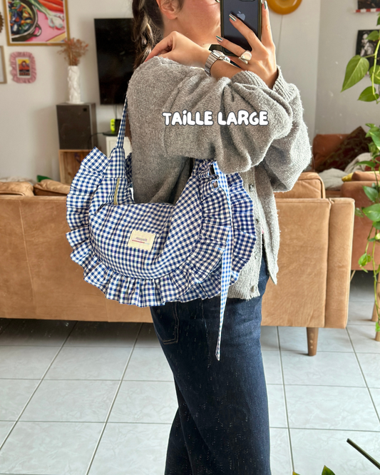 Pré-commande SAC CROISSANT Taille Moyenne et Large - Vichy petits carreaux bleu et blanc - Fait main à Reims