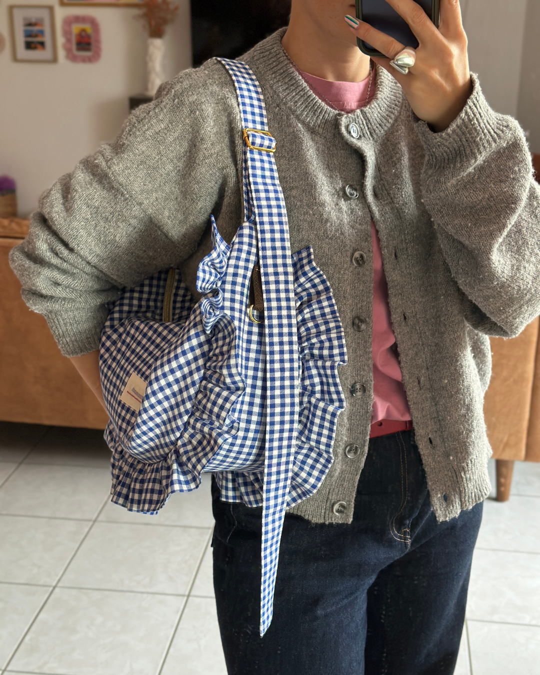 Pré-commande SAC CROISSANT Taille Moyenne et Large - Vichy petits carreaux bleu et blanc - Fait main à Reims