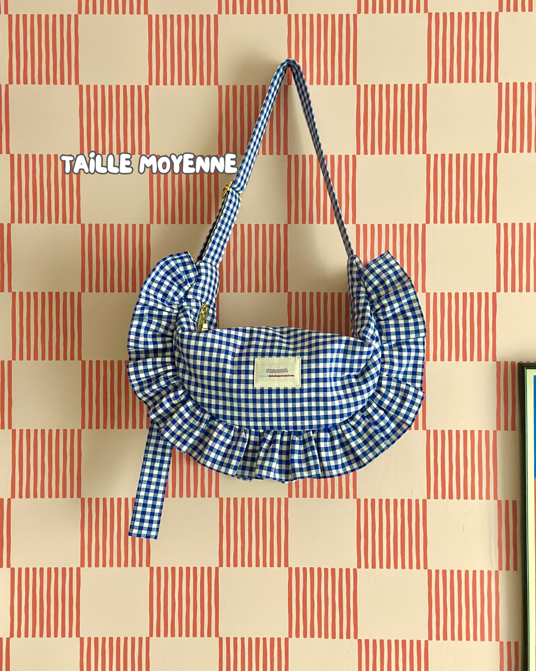 Pré-commande SAC CROISSANT Taille Moyenne et Large - Vichy petits carreaux bleu et blanc - Fait main à Reims