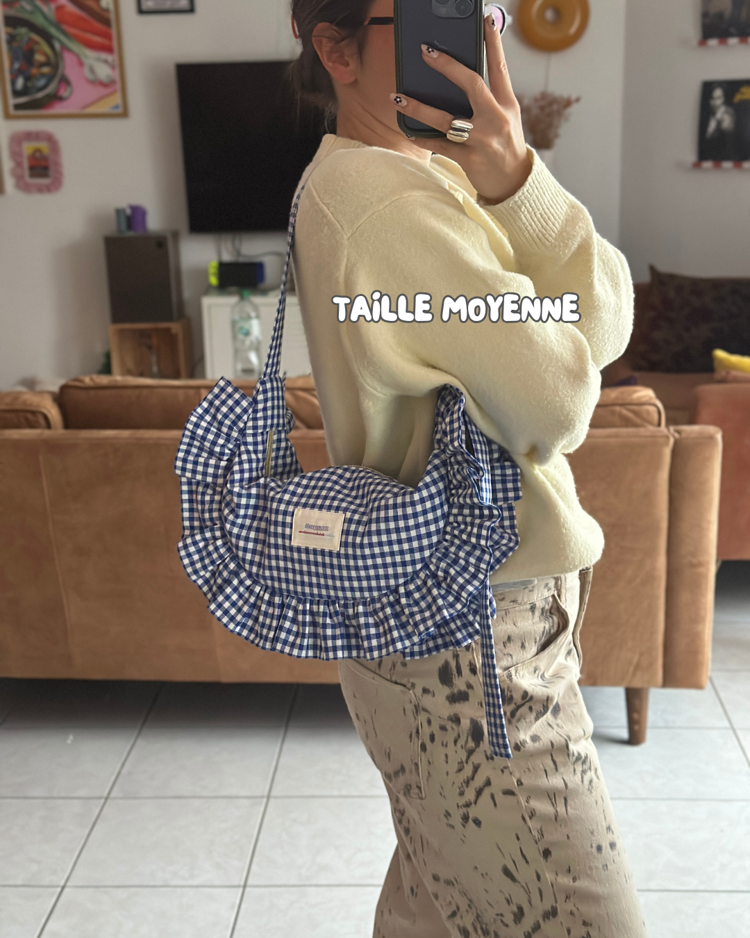 Pré-commande SAC CROISSANT Taille Moyenne et Large - Vichy petits carreaux bleu et blanc - Fait main à Reims