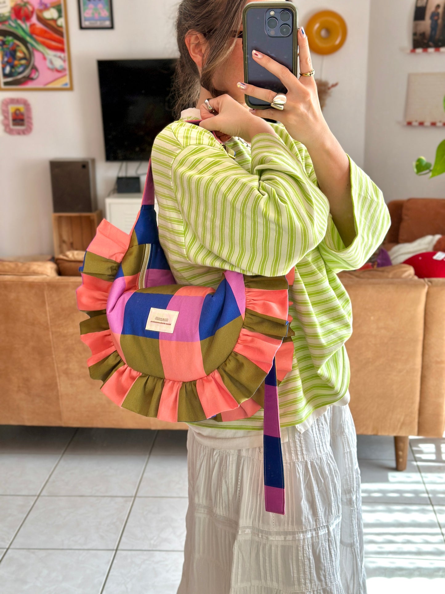 Pré-commande SAC CROISSANT Taille Moyenne et Large - Carreaux Bleu / Kaki / Mauve / Corail - Fait main à Reims (France)