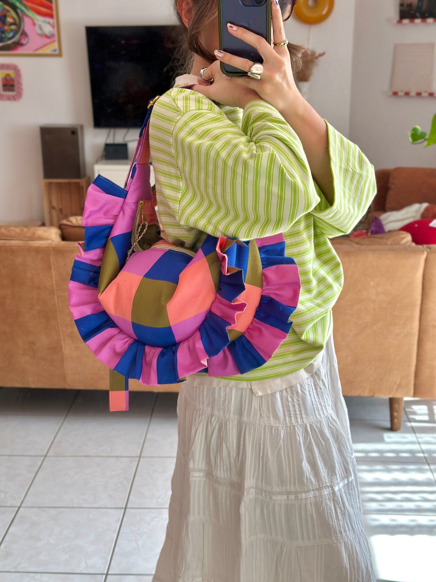 Pré-commande SAC CROISSANT Taille Moyenne et Large - Carreaux Bleu / Kaki / Mauve / Corail - Fait main à Reims (France)
