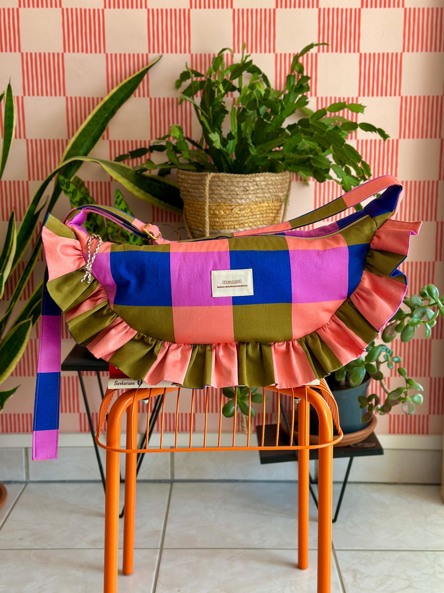 Pré-commande SAC CROISSANT Taille Moyenne et Large - Carreaux Bleu / Kaki / Mauve / Corail - Fait main à Reims (France)