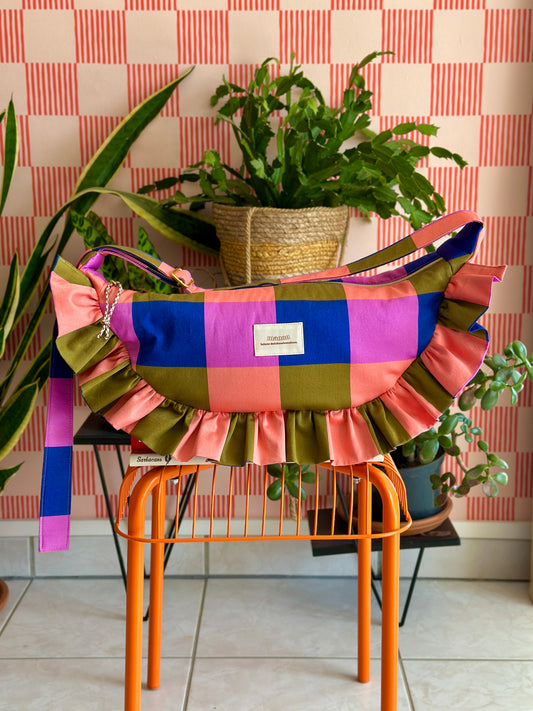 Pré-commande SAC CROISSANT Taille Moyenne et Large - Carreaux Bleu / Kaki / Mauve / Corail - Fait main à Reims (France)