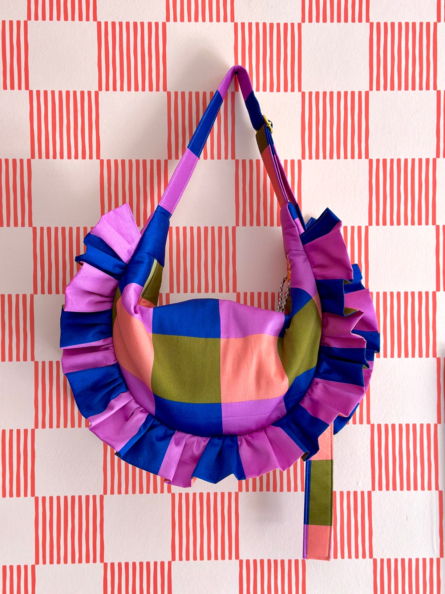Pré-commande SAC CROISSANT Taille Moyenne et Large - Carreaux Bleu / Kaki / Mauve / Corail - Fait main à Reims (France)
