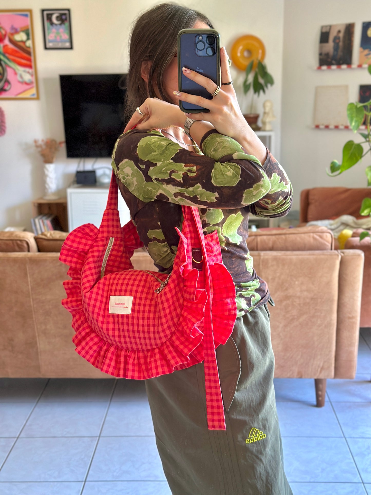Pré-commande SAC CROISSANT Taille Moyenne et Large - Vichy Corail / Rouge - Fait main à Reims (France)