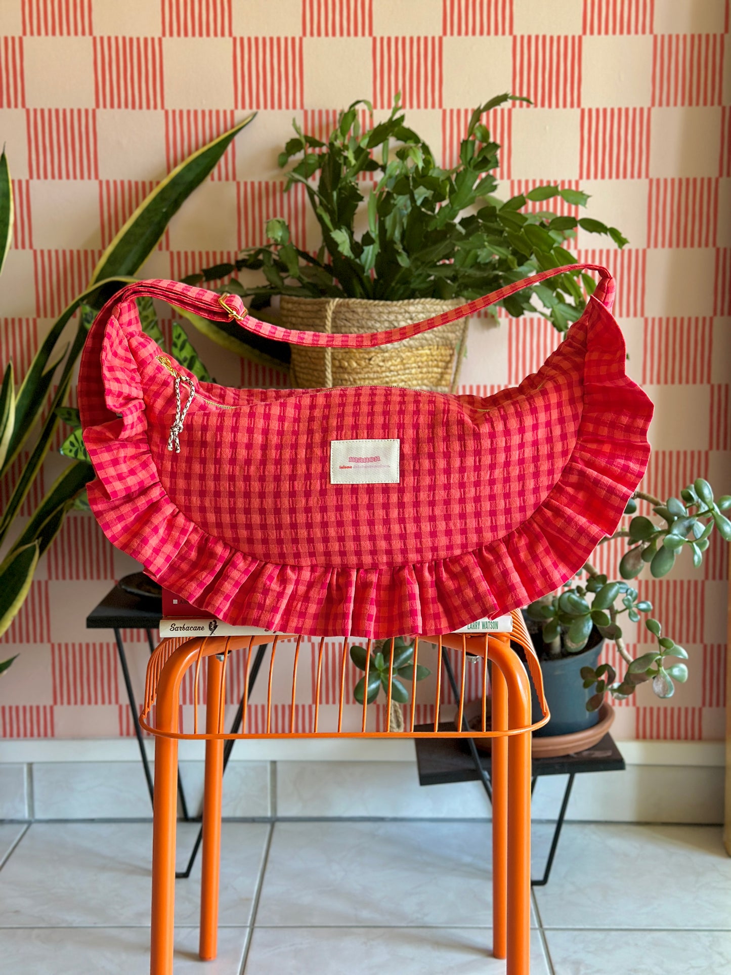 Pré-commande SAC CROISSANT Taille Moyenne et Large - Vichy Corail / Rouge - Fait main à Reims (France)