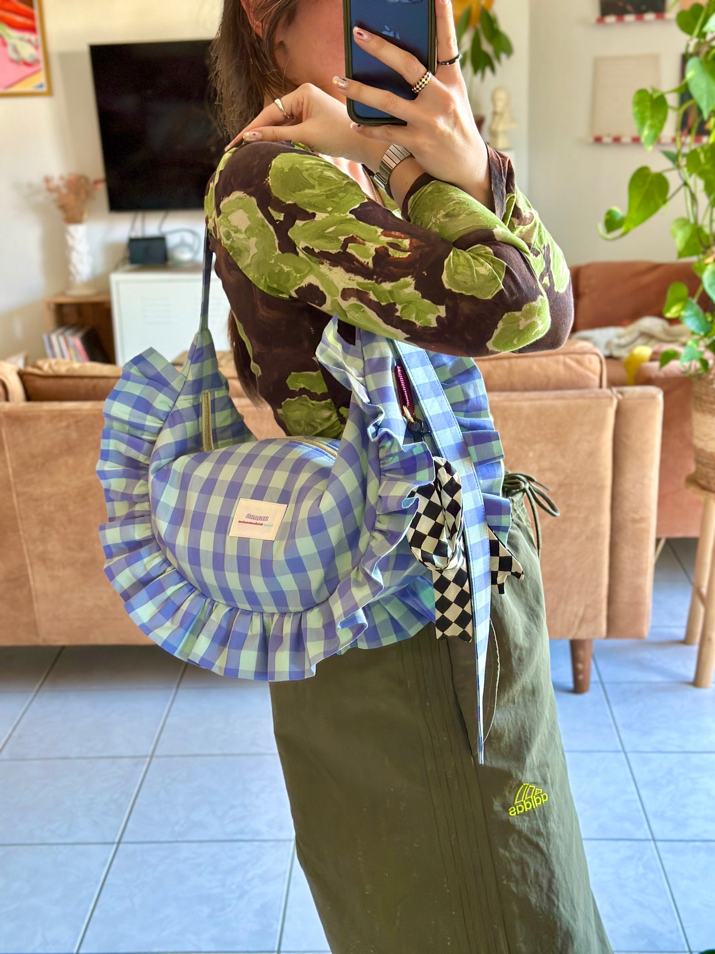 Pré-commande SAC CROISSANT Taille Moyenne et Large - Vichy Bleu clair - Fait main à Reims (France)