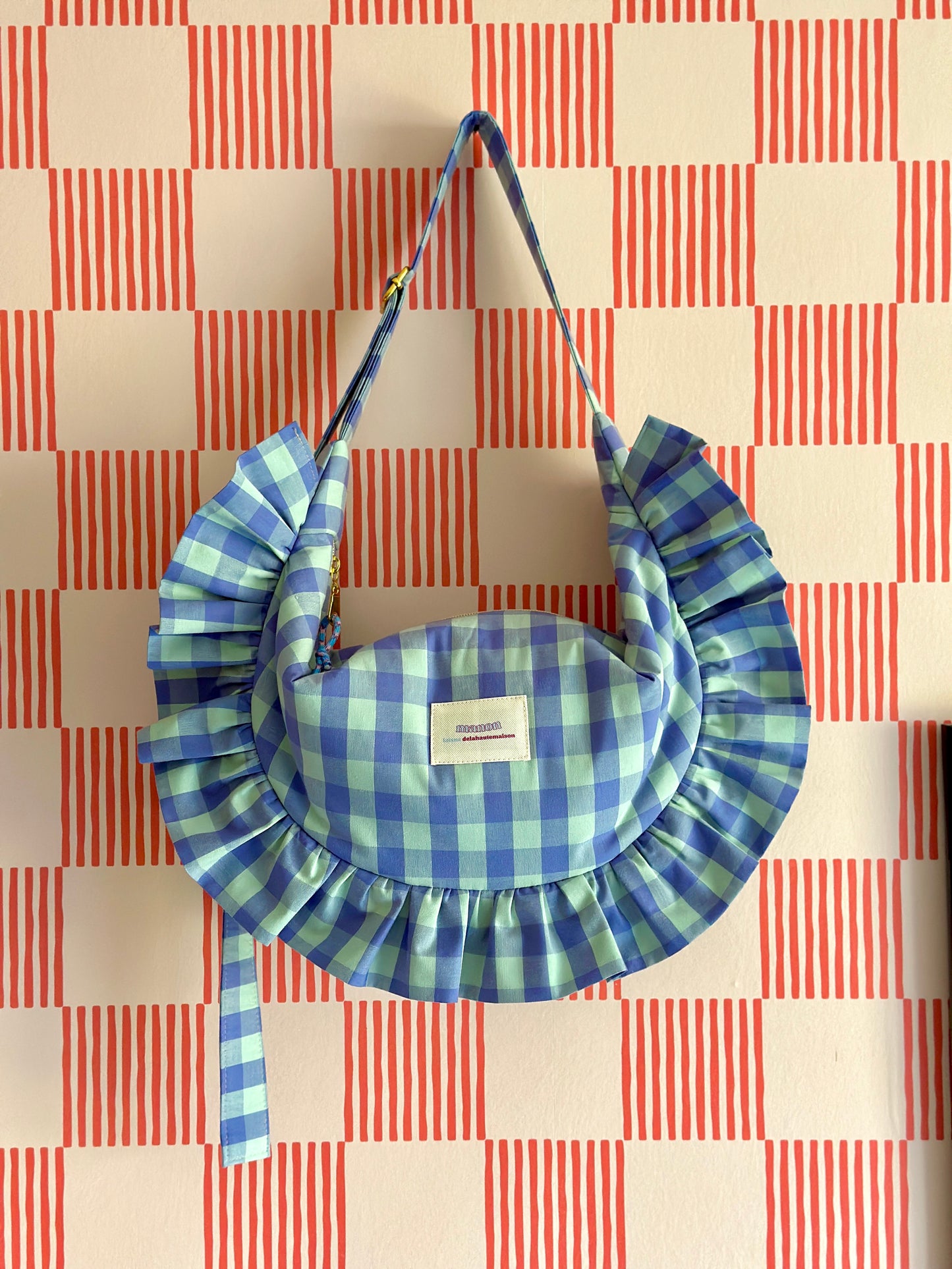 Pré-commande SAC CROISSANT Taille Moyenne et Large - Vichy Bleu clair - Fait main à Reims (France)