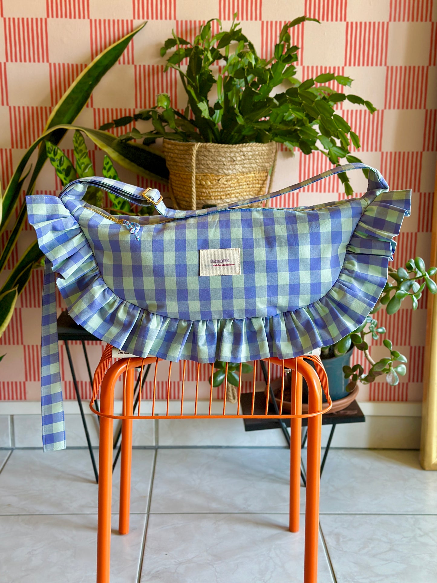 Pré-commande SAC CROISSANT Taille Moyenne et Large - Vichy Bleu clair - Fait main à Reims (France)