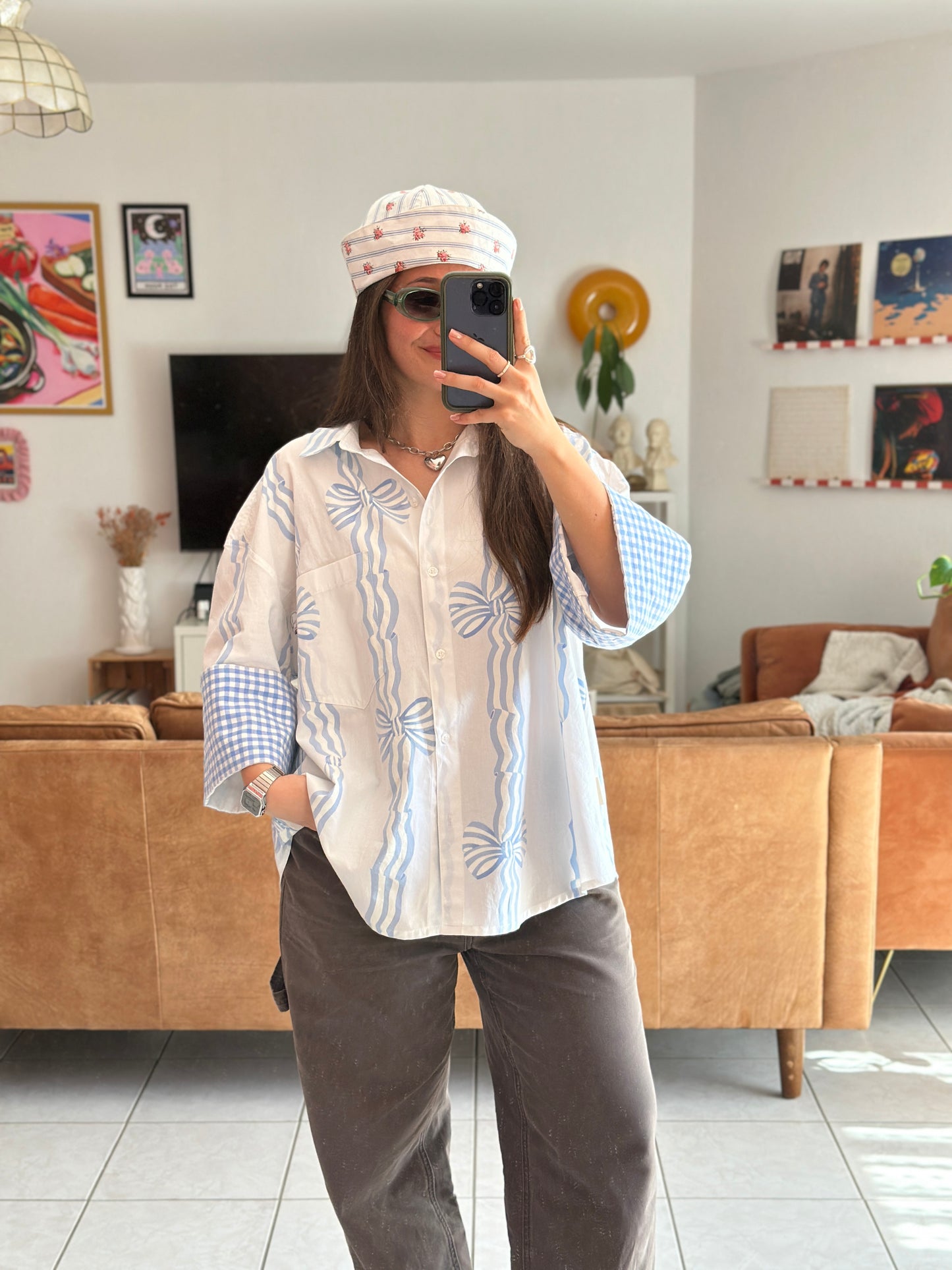 Précommande - Chemise upcyclée Blanche & Noeuds Bleus - Fait main à Reims (France)