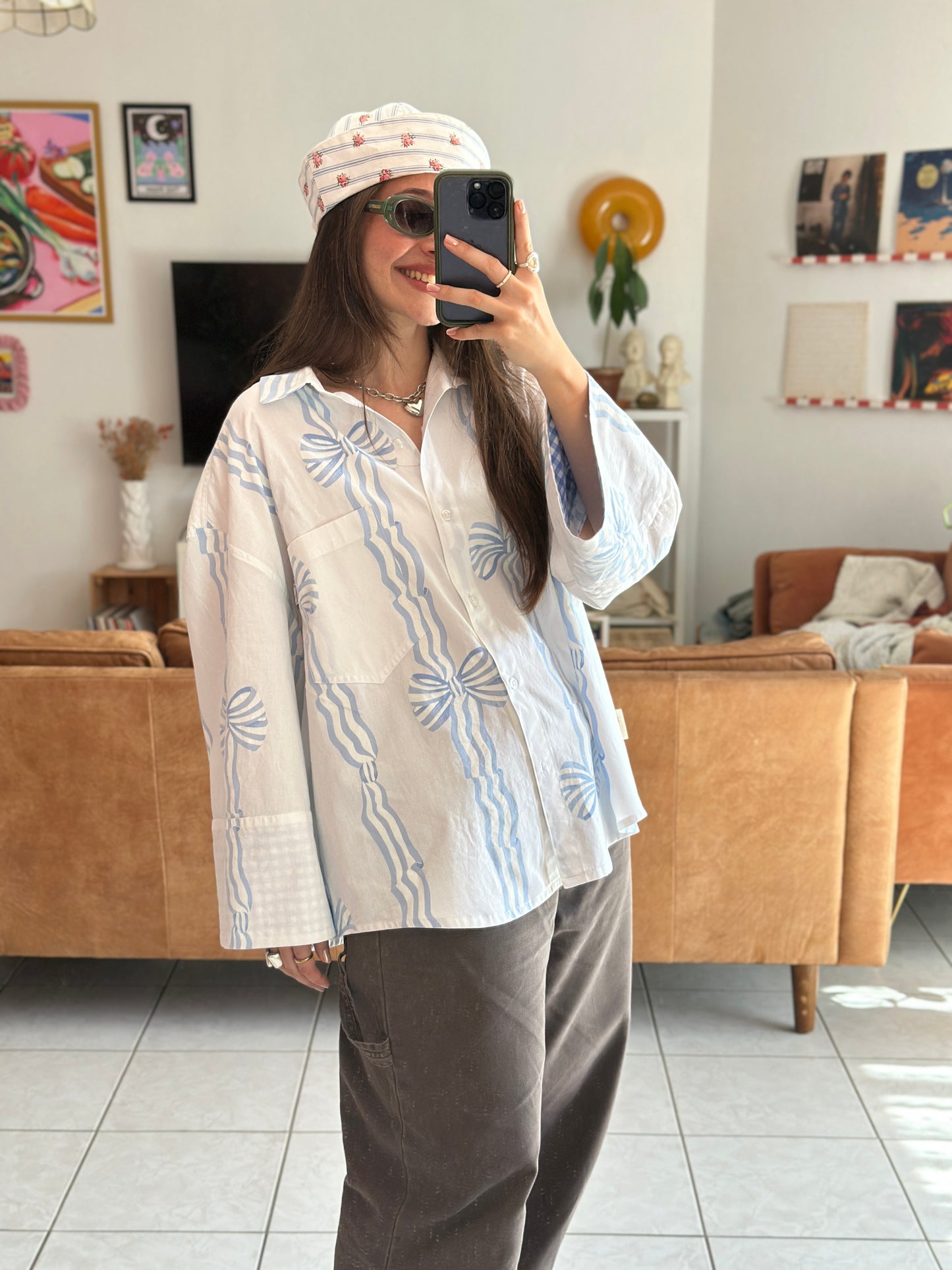 Précommande - Chemise upcyclée Blanche & Noeuds Bleus - Fait main à Reims (France)