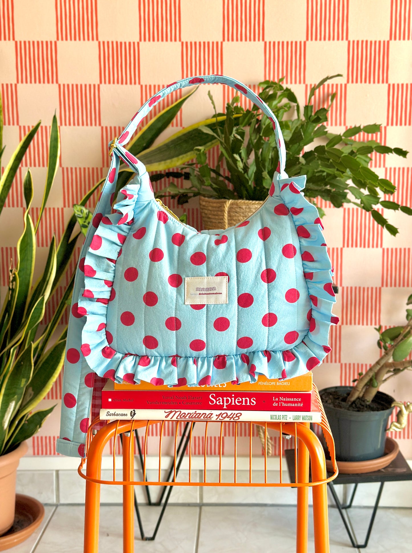 Pré-commande SAC CHOUQUETTE - Bleu clair à pois rose framboise - Fait main à Reims (France)