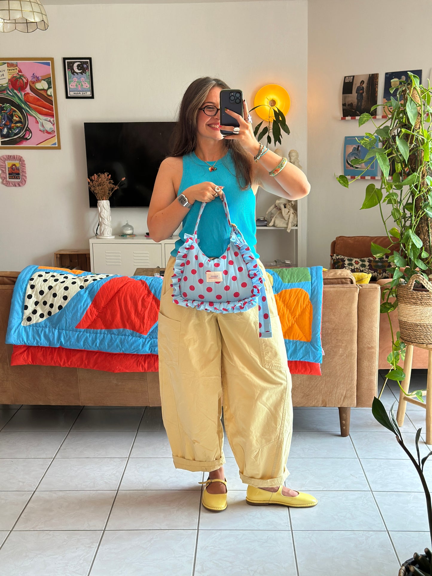 Pré-commande SAC CHOUQUETTE - Bleu clair à pois rose framboise - Fait main à Reims (France)