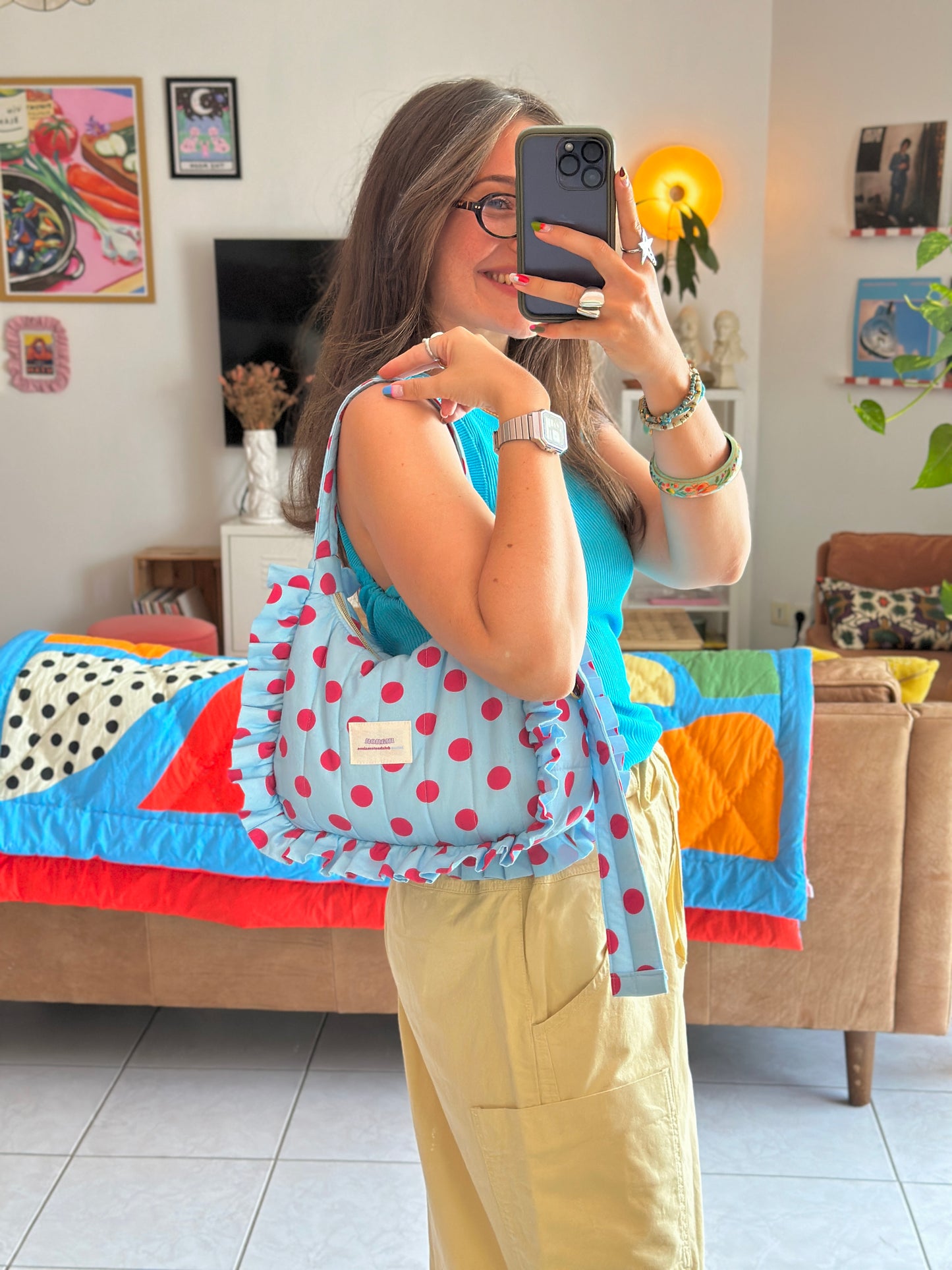 Pré-commande SAC CHOUQUETTE - Bleu clair à pois rose framboise - Fait main à Reims (France)