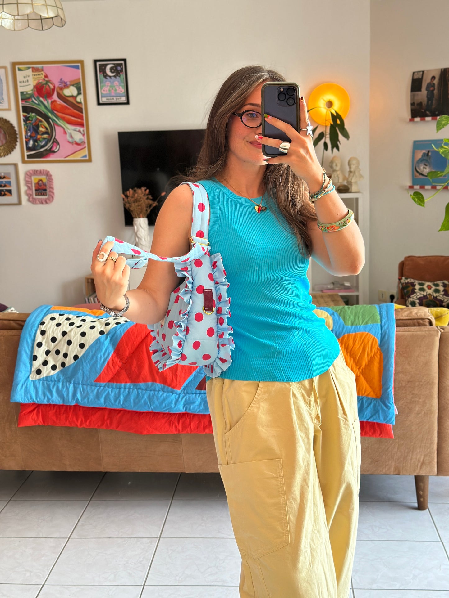 Pré-commande SAC CHOUQUETTE - Bleu clair à pois rose framboise - Fait main à Reims (France)
