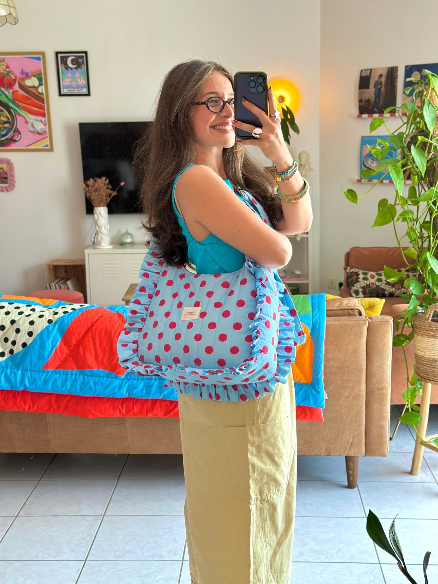 Pré-commande SAC CHOUQUETTE - Bleu clair à pois rose framboise - Fait main à Reims (France)