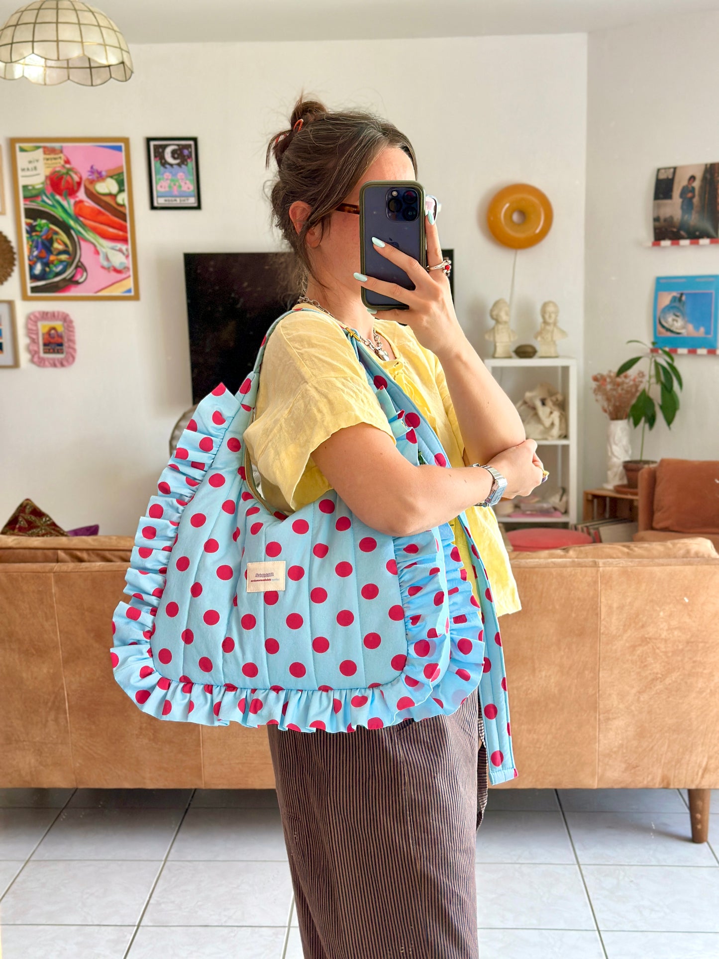 Pré-commande SAC CHOUQUETTE - Bleu clair à pois rose framboise - Fait main à Reims (France)