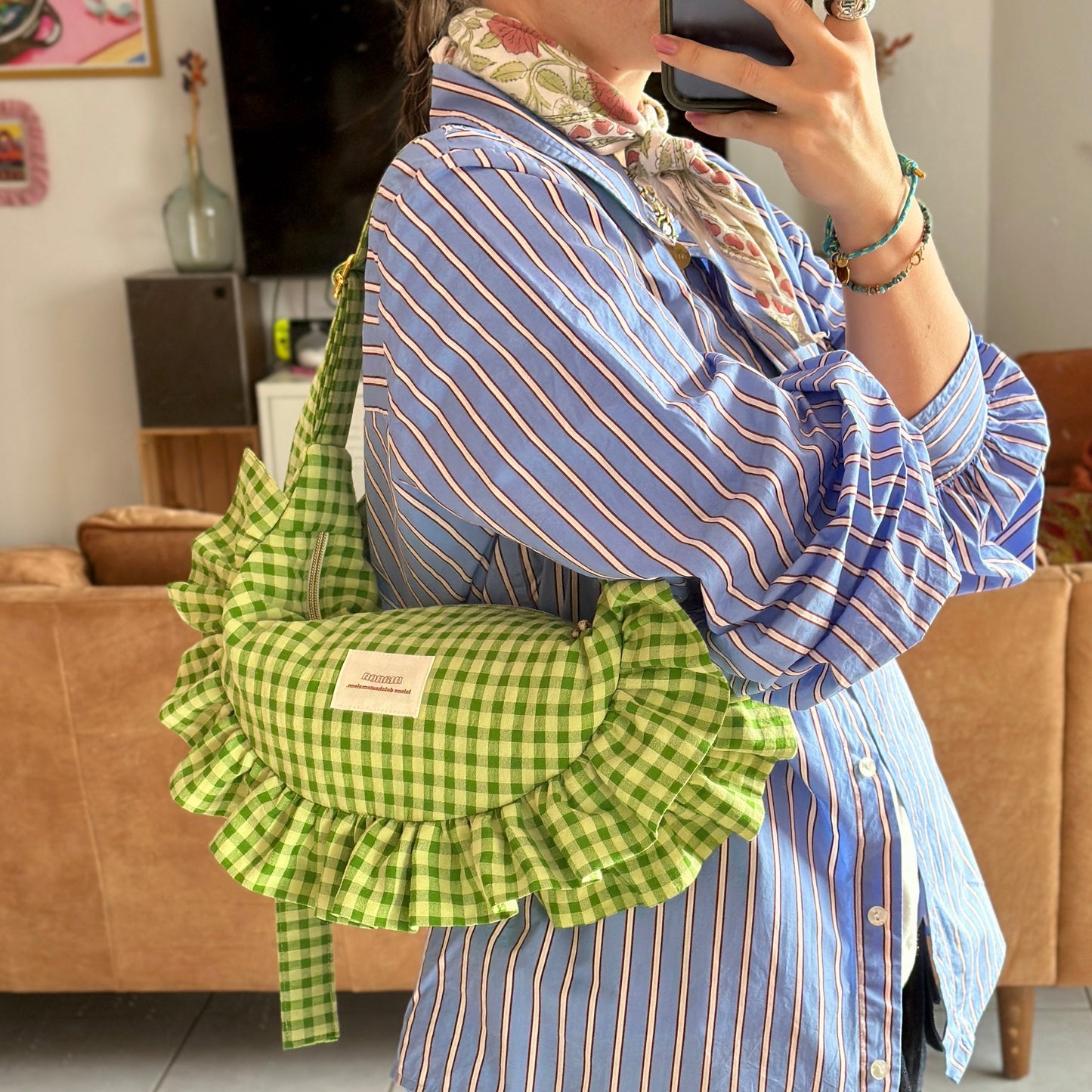 Pré-commande SAC CROISSANT Taille Moyenne et Large - Vichy Vert matcha / vert olive - Fait main à Reims (France)