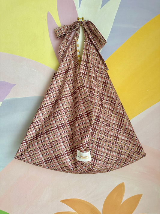 SAC ORIGAMI - Vichy jaune moutarde / carreaux rose bordeaux écru - Fait main à Reims (France)