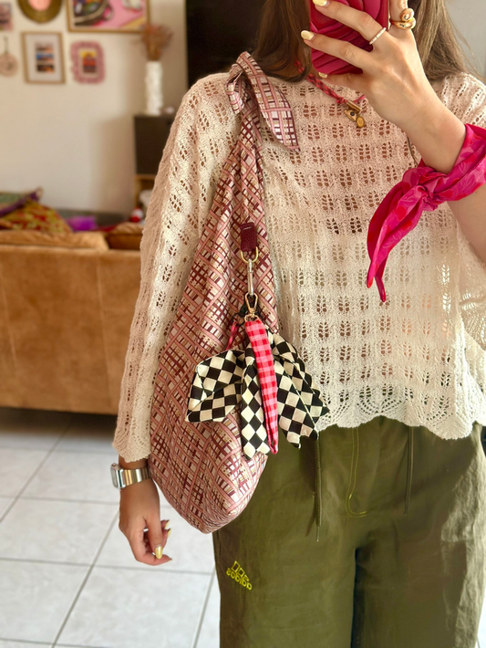 SAC ORIGAMI - Vichy jaune moutarde / carreaux rose bordeaux écru - Fait main à Reims (France)